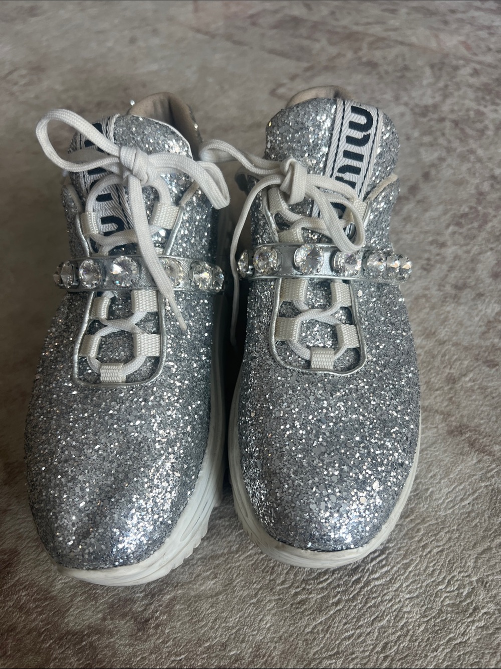 Miu Miu Silver Glitter Kids Sneakers with Jeweled Strap
